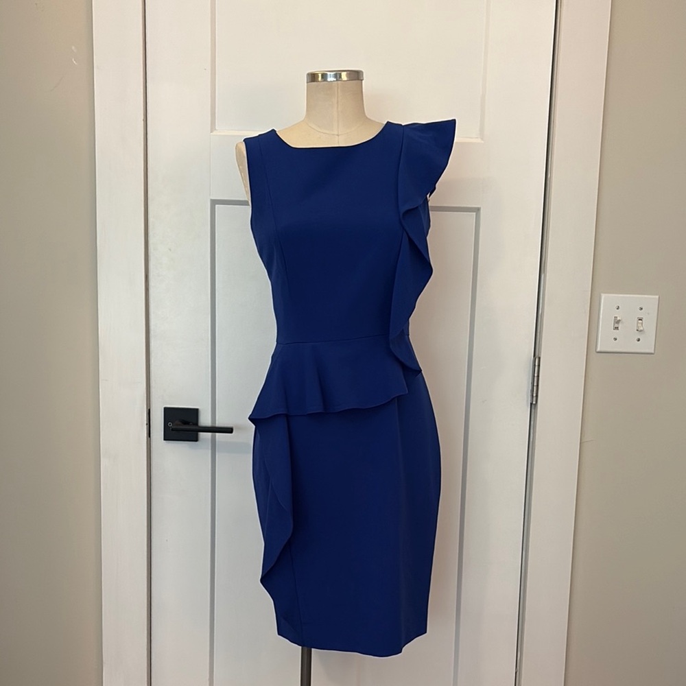Calvin Klein Crepe Blue Peplum & Ruffle Knee-Length Dress